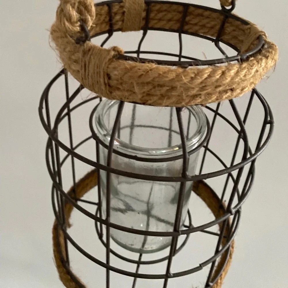 large 23” metal and jute lantern - rustic candle lighting decor